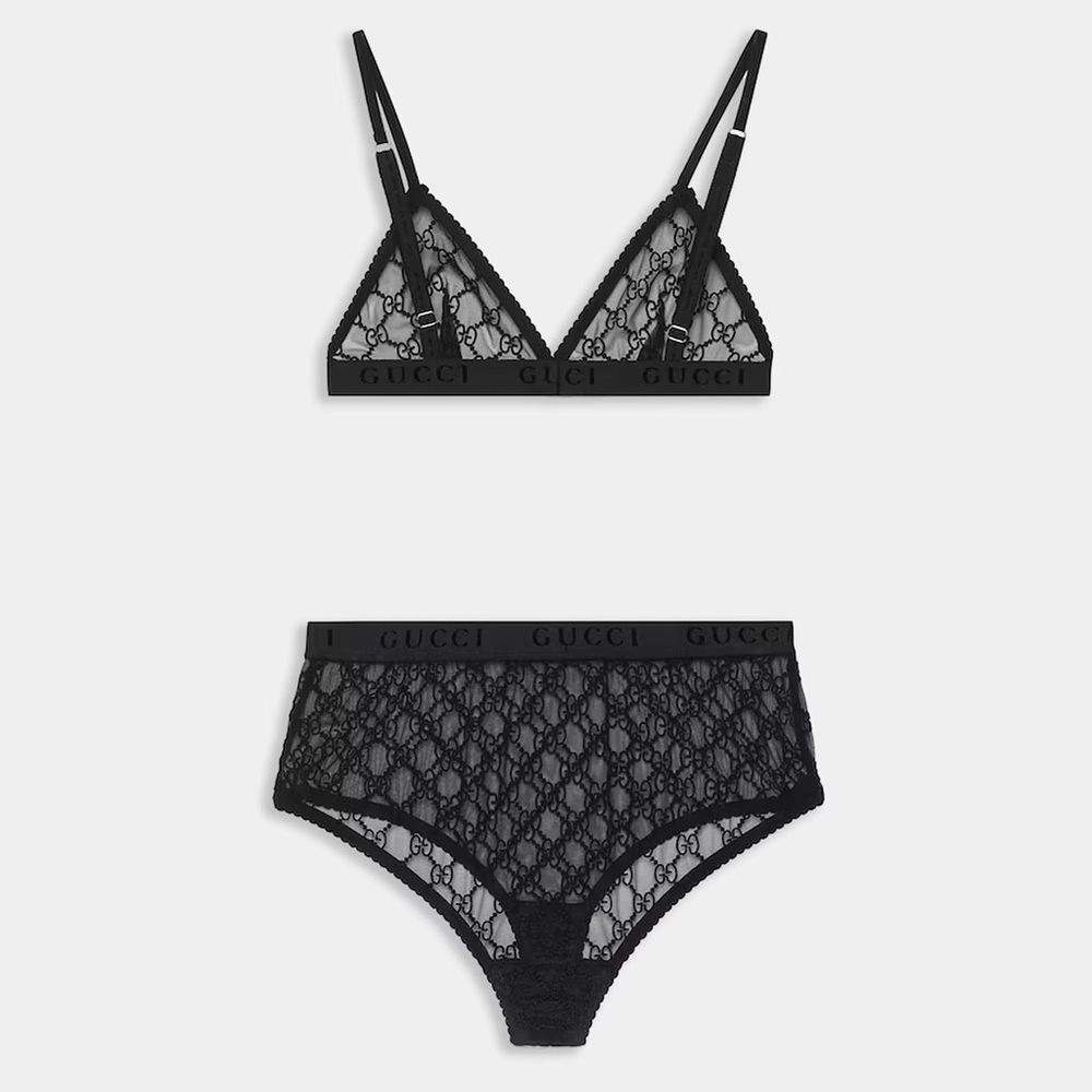 Gucci Black GG Embroidered Tulle Sheer Lingerie Set L New Condition Mesh Logo GG - Picture 2 of 16